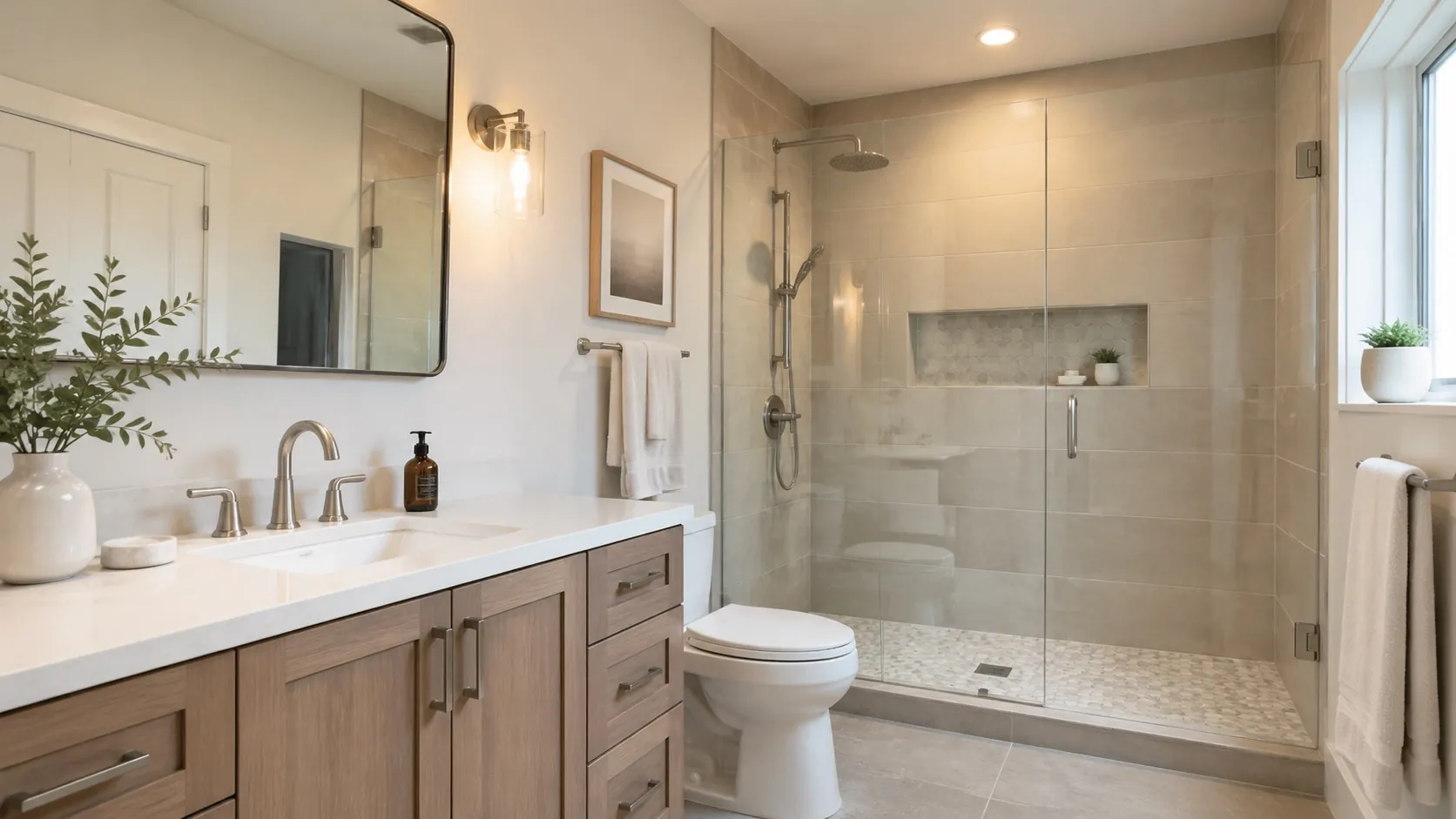 Bright remodeled bathroom by METIS Construction with glass walk-in shower and custom vanity