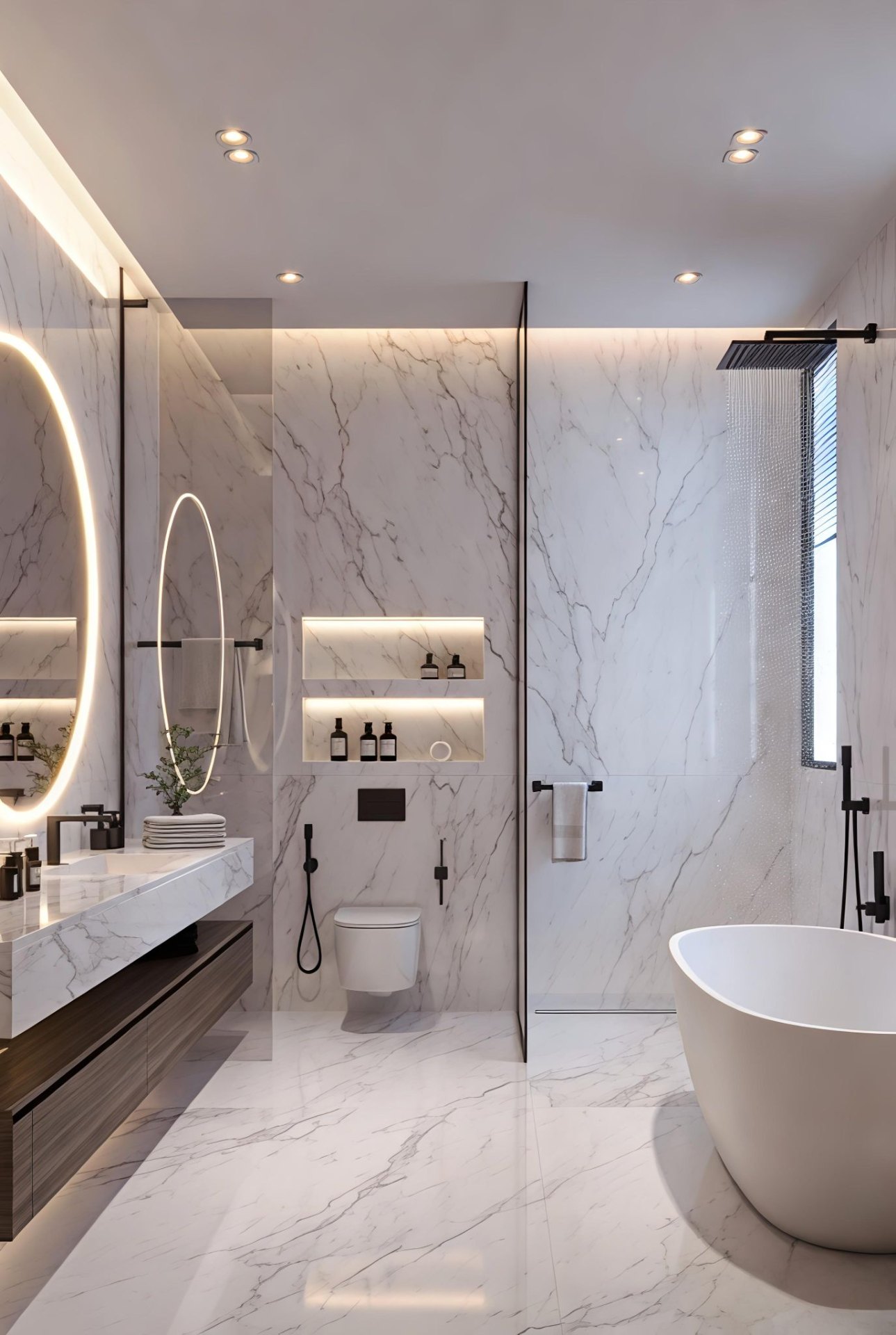 Luxury marble bathroom remodel with backlit mirrors and freestanding tub