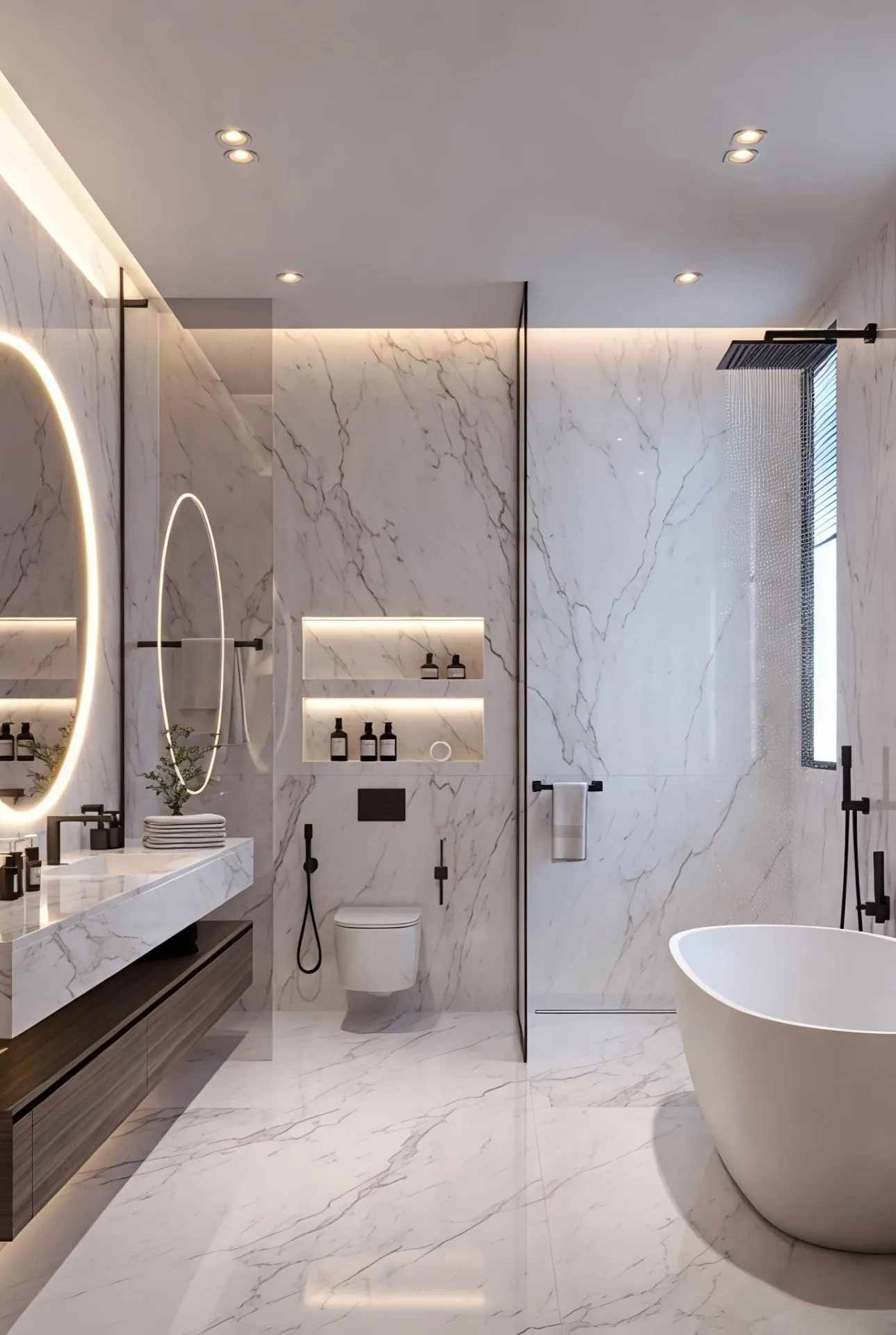 Luxury marble bathroom remodel with backlit mirrors and freestanding tub