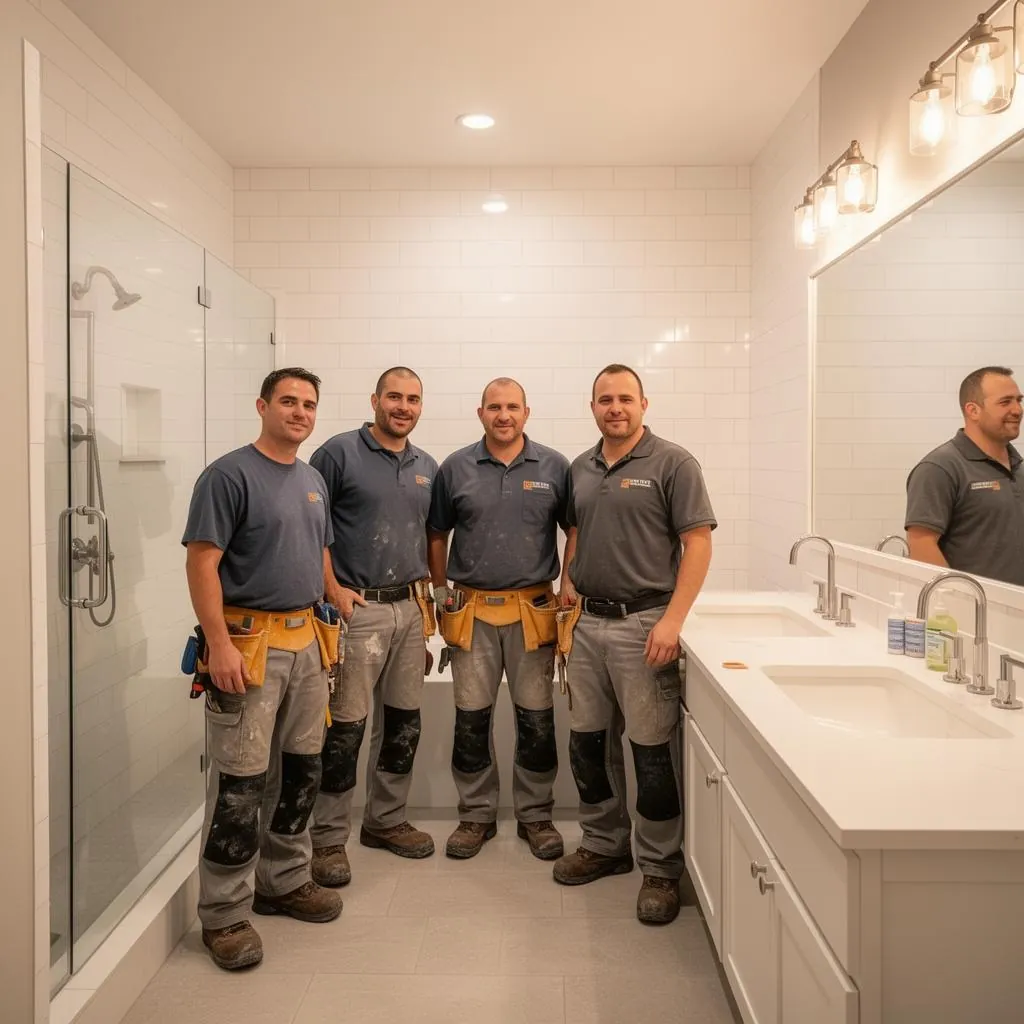 The METIS Construction crew in a finished bathroom remodel